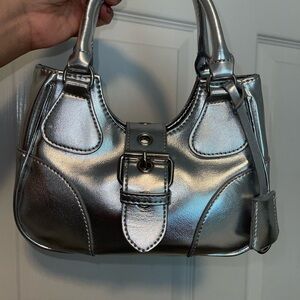 Silver Mini Bag with Metallic Finish and Buckle Closure